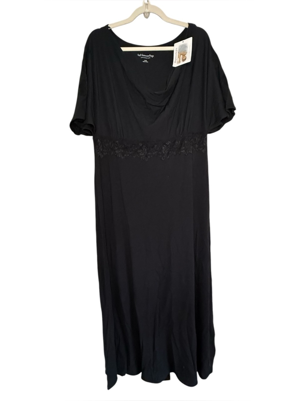 Soft Surroundings black maxi lounge dress, featuring a draped cowl-neckline Sz L
